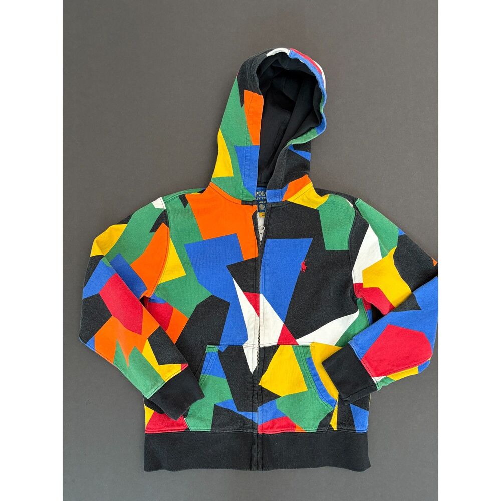 Polo Ralph Lauren Kids M 10-12 Geometric Colorblock Zip Hoodie Y2K Streetwear